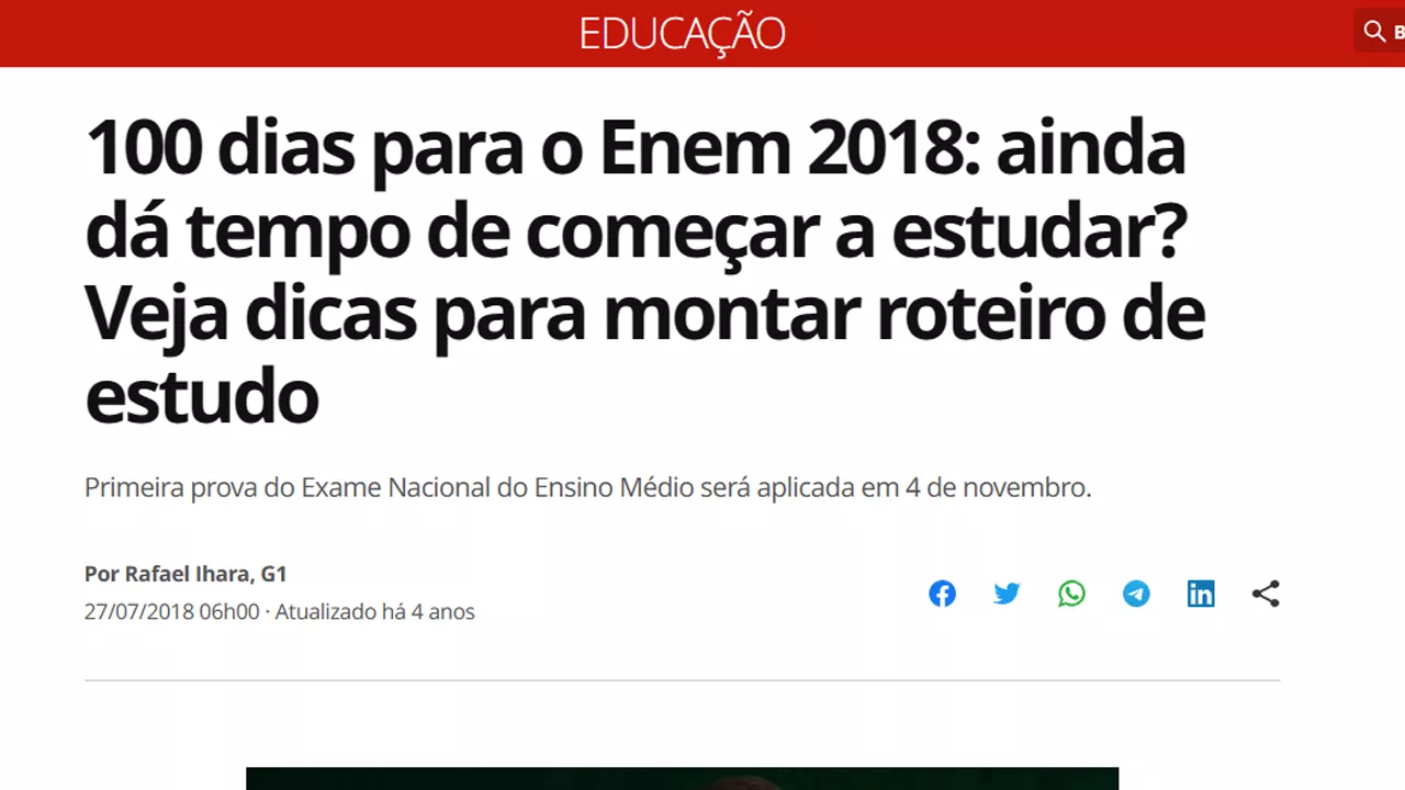 Matéria do G1 sobre estudar faltando 100 dias para o Enem