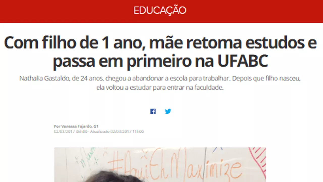 Matéria do G1 sobre como mãe retoma estudos e passa em primeiro na UFABC