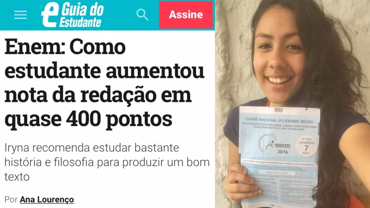 Estudante segurando a prova do Enem ao lado de uma captura de tela de reportagem do Guia do Estudante sobre como aumentar a nota da redação em quase 400 pontos