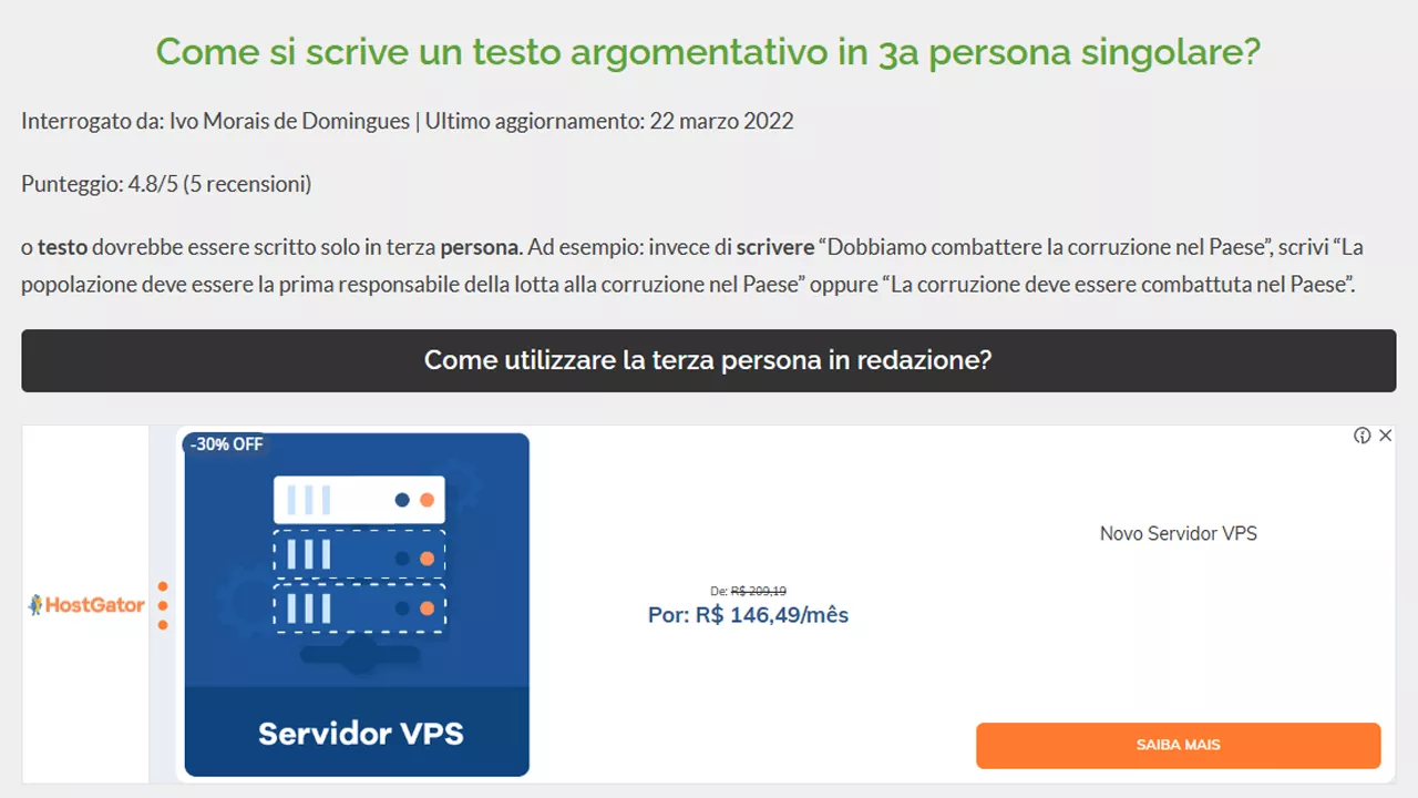 Matéria em italiano sobre como escrever um texto argumentativo na terceira pessoa do singular